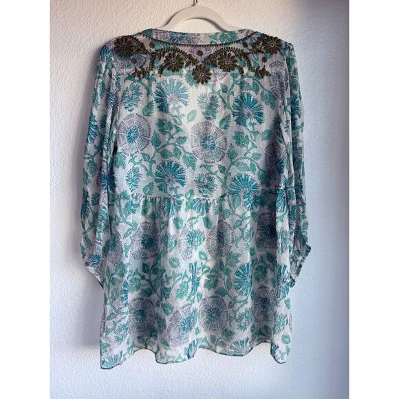 Calypso St Barth 100% Silk Semi Sheer Floral Embroidered Popover Blouse Small - Picture 5 of 13